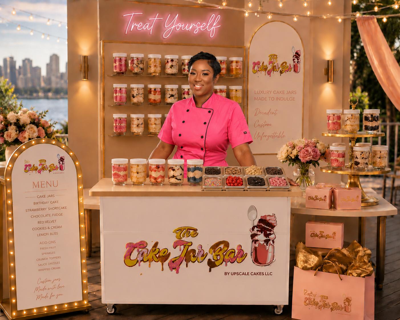 Ashley behind The Cake Jar Bar cart with the 'Treat Yourself' neon sign, cake jar wall, and toppings station